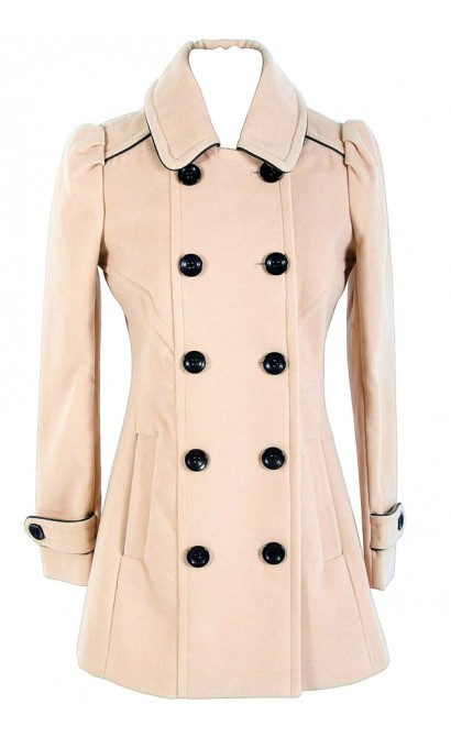 Classic Beige Pea Coat with Black Trim